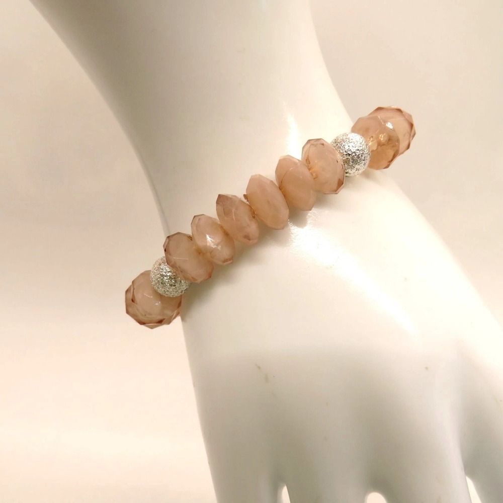 Beaded Stretch Bracelet Faceted Light Pink Peach Silver Tone Beads